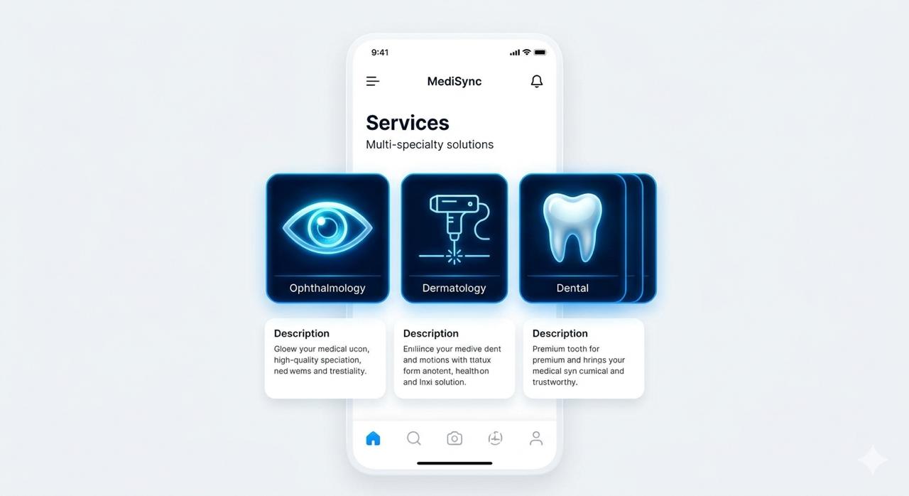 تخصصات MediSync — طب العيون والجلدية والأسنان